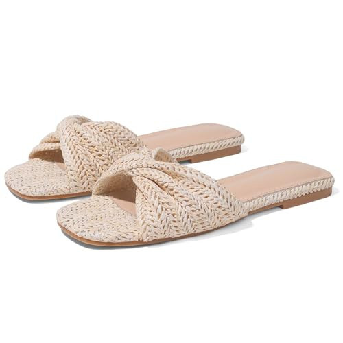 EQAUDES Womens Braided Straw Wove Flat Slides Open toe Slip-on Mule Sandals - Square Toe, Summer, Casual, Beach, Wedding, Vacation, Events | Amazon (US)