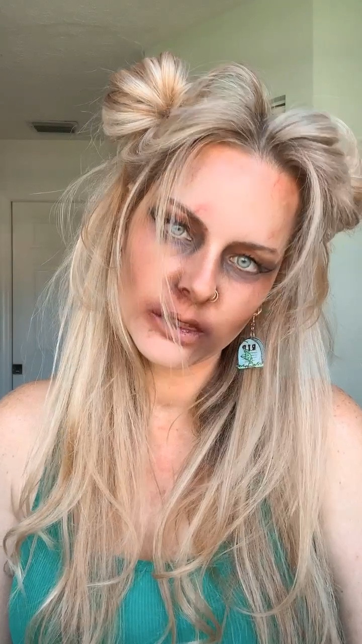 I love this Zombie look  💚 with a basic green dress or costume! Halloween outfit. Zombie. Green dress. Halloween costume. Halloween makeup. Unique look. 

#LTKHalloween #LTKHoliday #LTKSeasonal