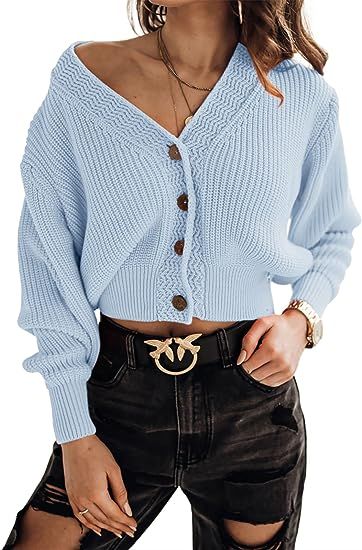 Febriajuce Women's Long Sleeve V-Neck Button Down Rib Knit Cropped Cardigan Sweater | Amazon (US)