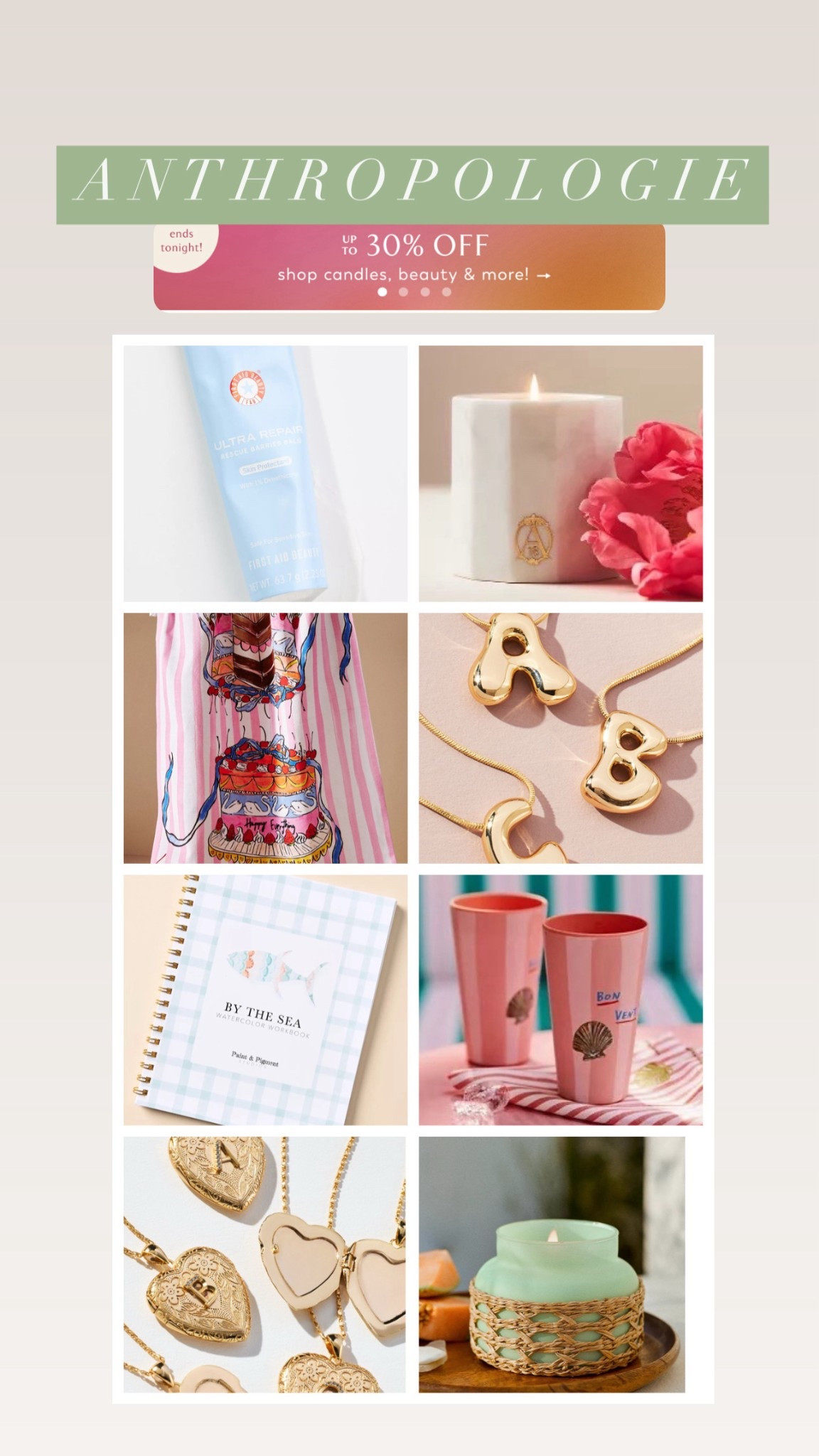 Anthropologie 30% off candles, beauty & more // home decor // gifts // necklace // coastal // 