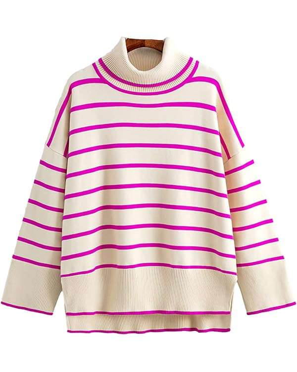 Striped Turtleneck Sweaters for Women Long Sleeve Oversized Knitted Soft Pullover Sweaters | Amazon (US)