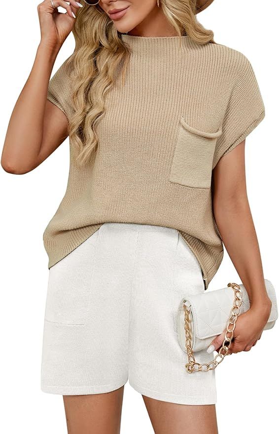Two Piece Sets for Women 2 Piece Outfits Sweater Sets Knit Pullover Tops High Waisted Shorts With... | Amazon (US)