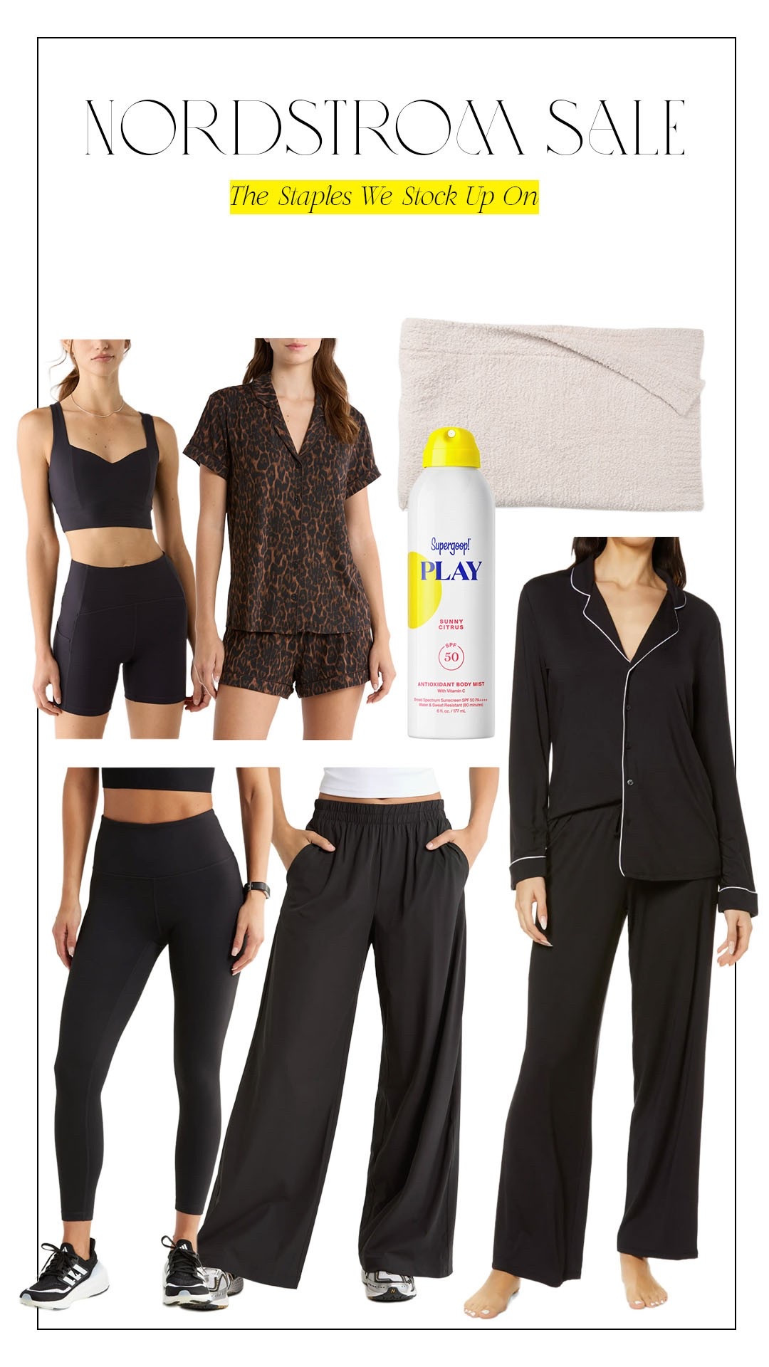 The Nordstrom sales staples I buy a year after a year. These pajamas are an absolute deal. I’ve purchased them at least five times. I always loved to snack some activewear as that’s what I live in these leggings are a steel for $39 and these activewear pants are a must for that mom life carpool casual. I will always link to this blanket as is seriously so comfortable and our kids always fight over it and I always stock up on sunscreen.