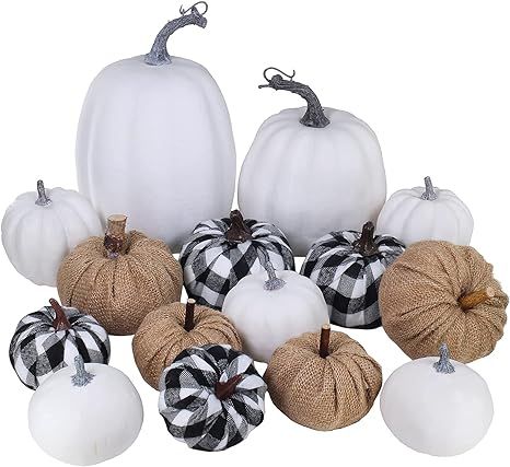 Set of 15 Faux Rustic Decorative White Foam Pumpkins Burlap Pumpkins Black & White Buffalo Check ... | Amazon (US)