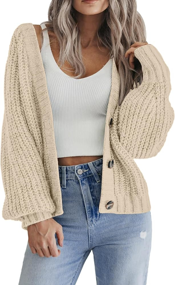 Zeagoo Women's 2026 Fall Chunky Knit Cardigans Open Front Long Sleeve V Neck Button Loose Cardiga... | Amazon (US)