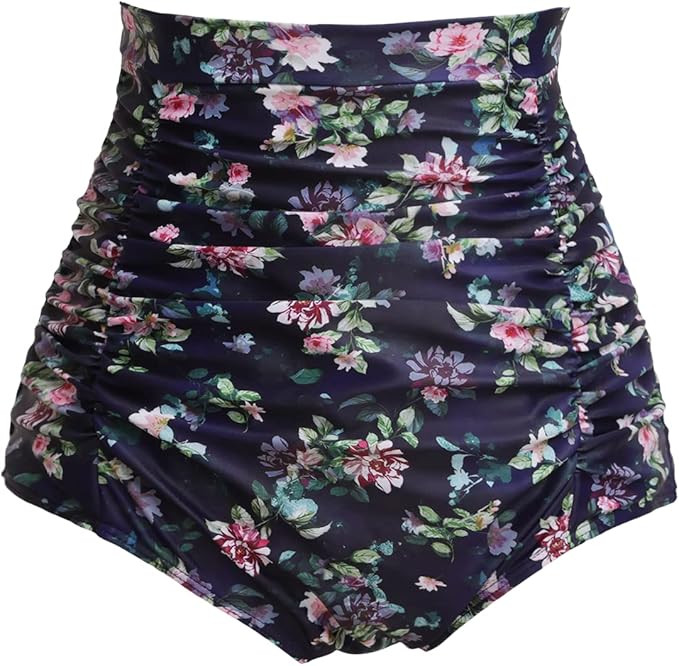 COCOPEAR Women's Ruched High Waisted Bikini Bottom Retro Vintage Swim Short Tankinis | Amazon (US)