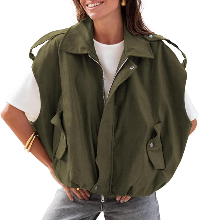 Womens Faux Suede Vest Oversized Cap Sleeve Bomber Jackets Casual Lapel Collar Vest Coats Streetw... | Amazon (US)