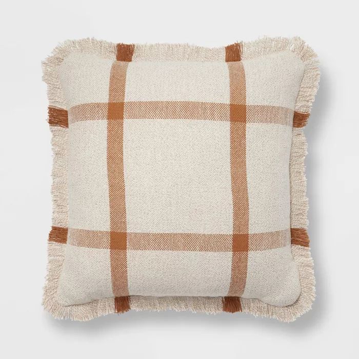 18"x18" Woven Plaid Square Throw Pillow with Fringe Cream/Brown - Threshold™ | Target