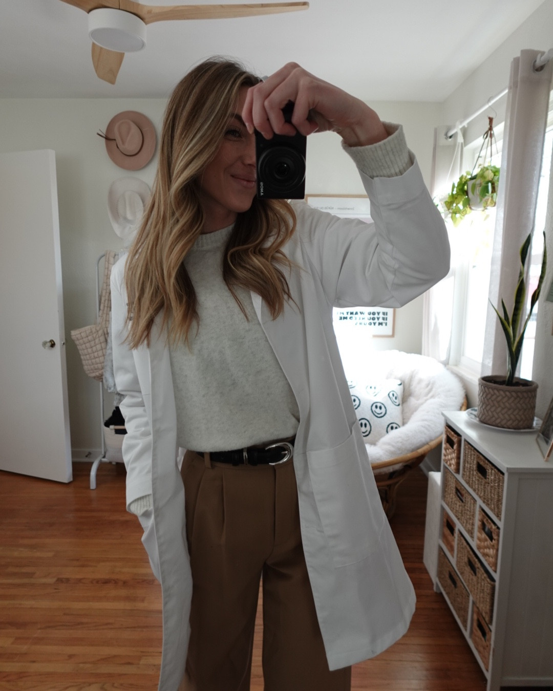 Neutral clinic OOTD 🤍 tall girl wide leg trousers, soft knit sweater, classic belt + everyday sneakers. Effortless business casual for nurse practitioner student life. Linked exact pieces + affordable workwear staples. #LTKworkwear #nurseoutfit #tallgirlstyle #businesscasual