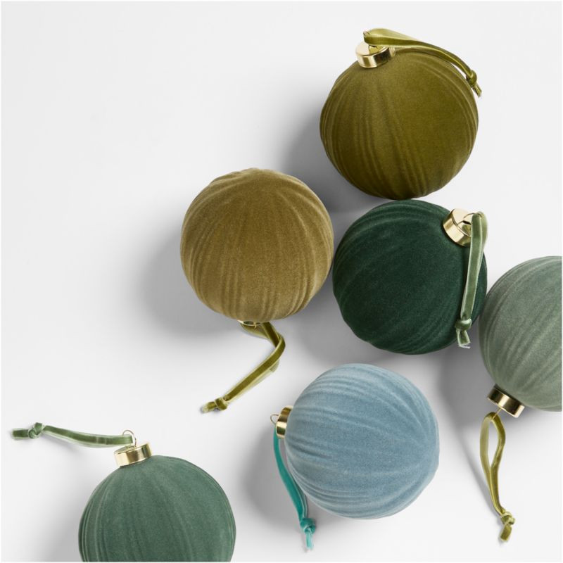 Cool Toned Ribbed Velvet Christmas Tree Ornaments, Boxed Set of 6 | Crate & Barrel | Crate & Barrel