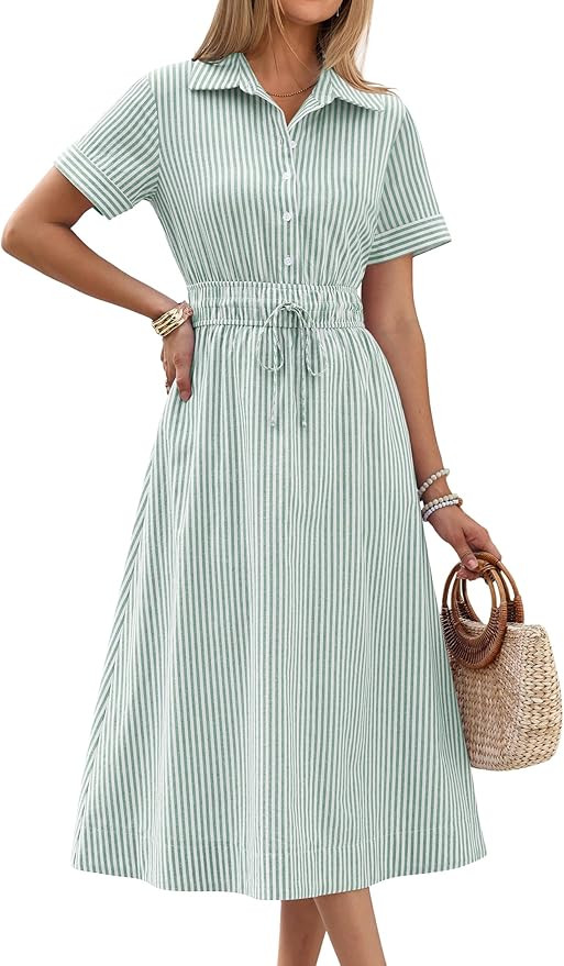 ANRABESS Womens Summer Midi Dress Short Sleeve Striped Plaid Button Collar Shirt Dresses 2026 Cas... | Amazon (US)