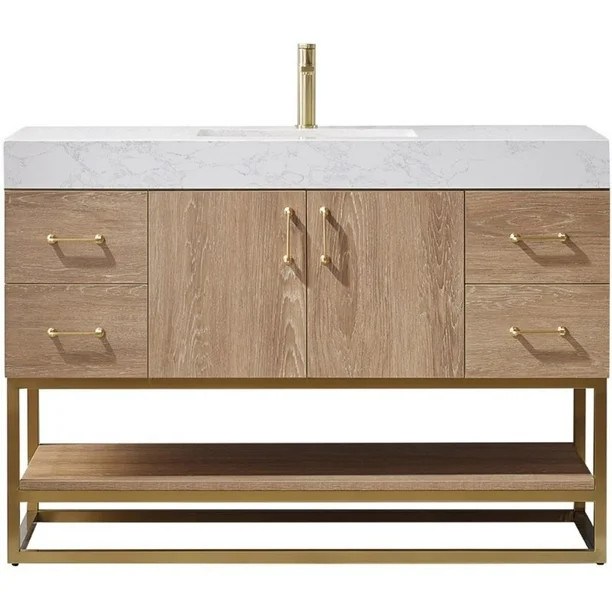 Vinnova Alistair 48" White Grain Faux Stone Top Single Vanity in Oak | Walmart (US)