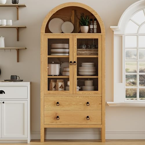 71'' Wood Arched Cabinet Kitchen Pantry - Farmhouse Arch Display Bookcase Hutch with 2 Large Drawers and Adjustable Shelves, Versatile Storage Furniture for Living Room Dining Room Bathroom, Natural | Amazon (US)