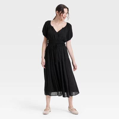 Women's Puff Short Sleeve Drop Tiered Midi A-Line Dress - Universal Thread™ Black S: Lightweight Rayon, V Neck Pullover | Target
