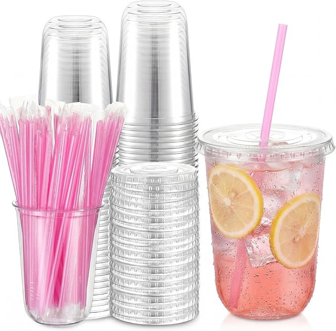 25 Pack 16 oz Clear Plastic Cups with Lids and Straws Disposable Iced Coffee Cups Round Bottom To... | Amazon (US)