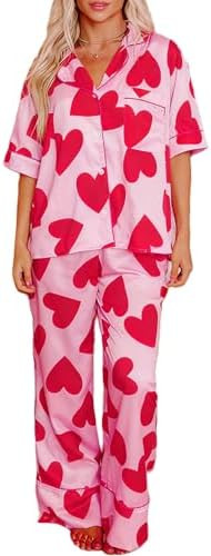 Womens Heart Pajama Sets Valentines Day Print Short Sleeve Button Up Pjs with Long Pants Pajamas ... | Amazon (US)