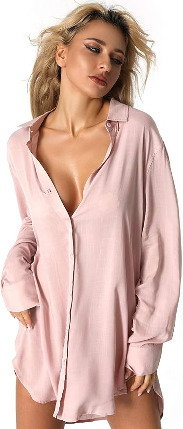 TOUSYEA Sleep Shirts for Women Button Down Shirts Long Sleeve Sleepwear Swimsuit Cover Ups Soft P... | Amazon (US)