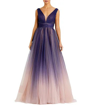Tulle V Neck Ombre Long Gown | Dillard's