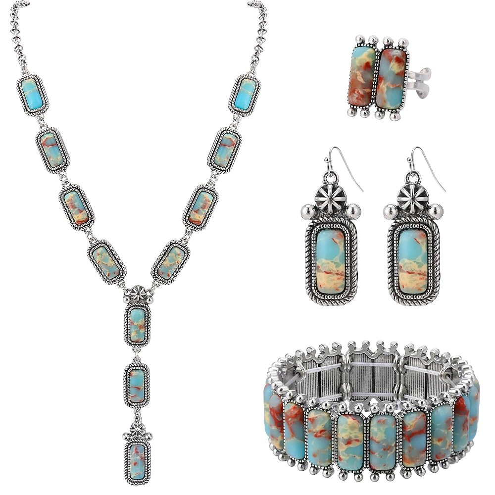 4 PCS Western Turquoise Jewelry for Women Boho Vintage Navajo Pearl Necklace Earring Bracelet Rin... | Amazon (US)