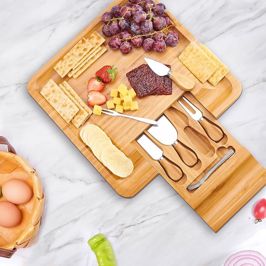 Bamboo Cheese Board and Knife Set with Cheese Markers; Including Gift Packaging & Cheese Pairing Man | Amazon (US)