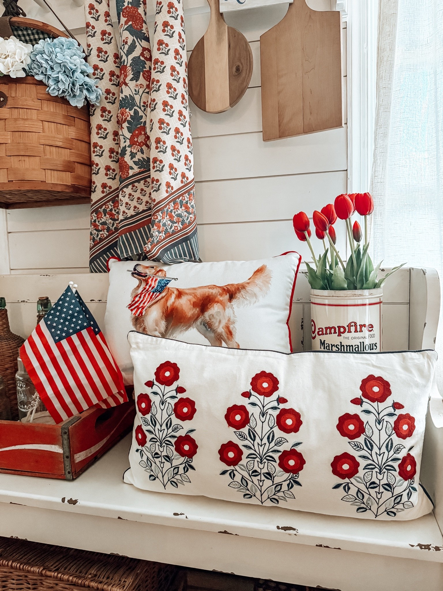 Vintage patriotic but make it cozy cottage 🇺🇸❤️ 

Layered in florals, classic flags, charming vintage touches, and the sweetest pup pillow for that collected summer look. 

These are the little decor details that make a home feel warm, nostalgic, and lived in ✨ 

Perfect inspiration if you love cottage style with a touch of Americana. 

#LTKHome #CottageDecor #VintageStyle #PatrioticDecor #SummerHomeDecor