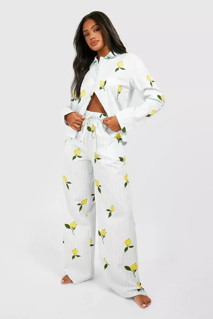 Cotton Poplin Lemon Stripe Pajama Pants | boohoo (US & Canada)