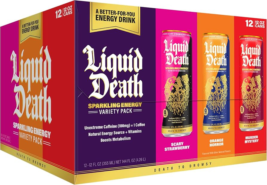 Liquid Death Sparkling Energy Variety Pack, Zero Sugar Energy Drink, Unextreme Caffeine 100mg, Es... | Amazon (US)