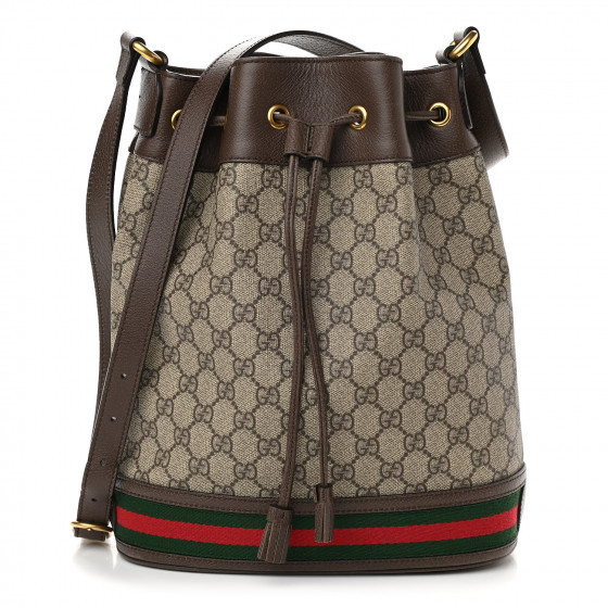 GUCCI GG Supreme Monogram Web Ophidia Bucket Bag Brown | Fashionphile