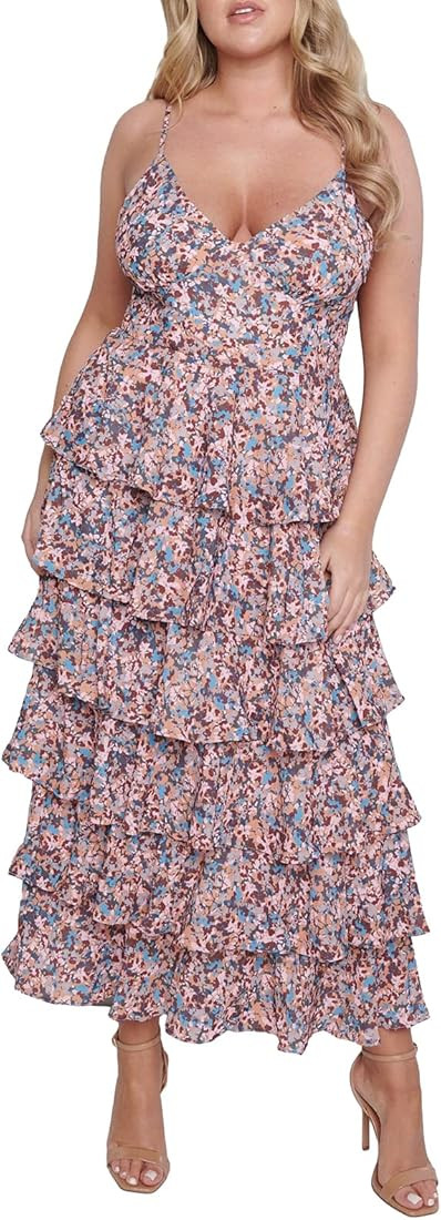 Yoawdats Women Floral Print Long Dress Spaghetti Strap V Neck Sexy Backless Tiered Ruffles Casual... | Amazon (US)