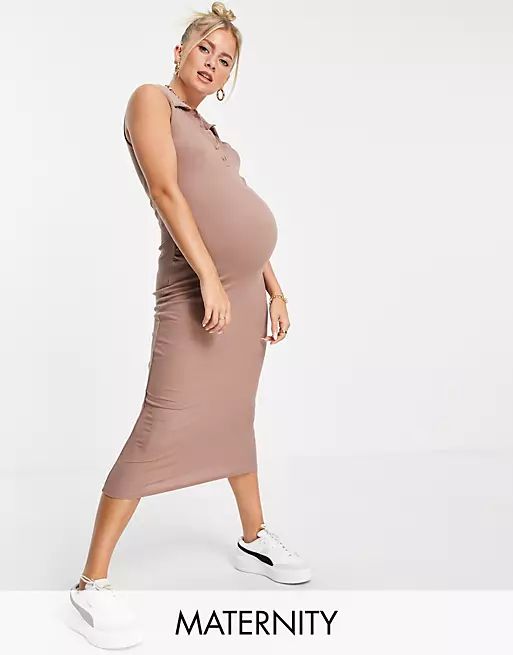 Missguided Maternity ribbed sleeveless dress with collar in rose | ASOS (Global)