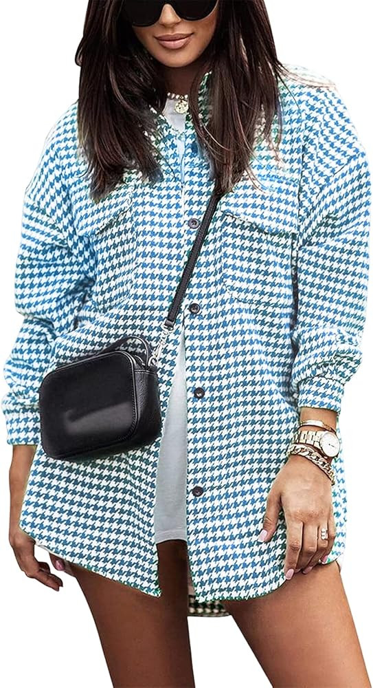 Arssm Plaid Shacket Jacket Women Long Sleeve Oversized Button Down Shirt Houndstooth Flannel Casu... | Amazon (US)