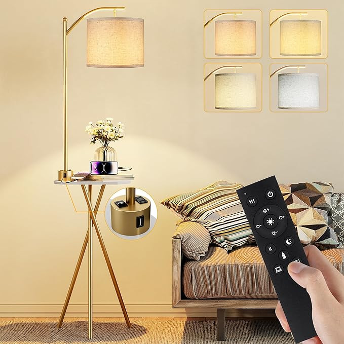 ROTTOGOON Floor Lamp with Table, End Table Lamp with Remote Control and Charging Station(USB & Ty... | Amazon (US)