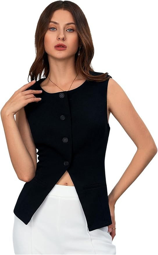 Women's Vest Top Sleeveless Split Button Down Dressy Suit Vest | Amazon (US)