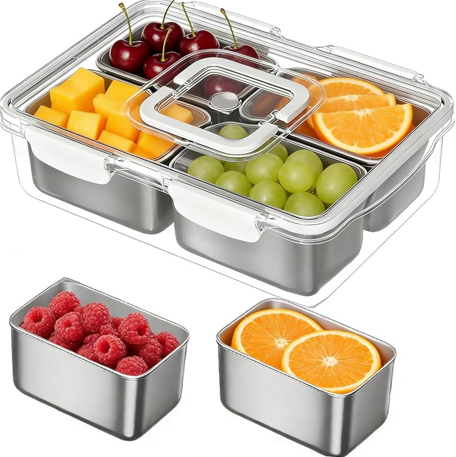 Snackle Box Container, Stainless Steel Divided Serving Tray with Lid and Handle, Large Snack Tray... | Amazon (US)