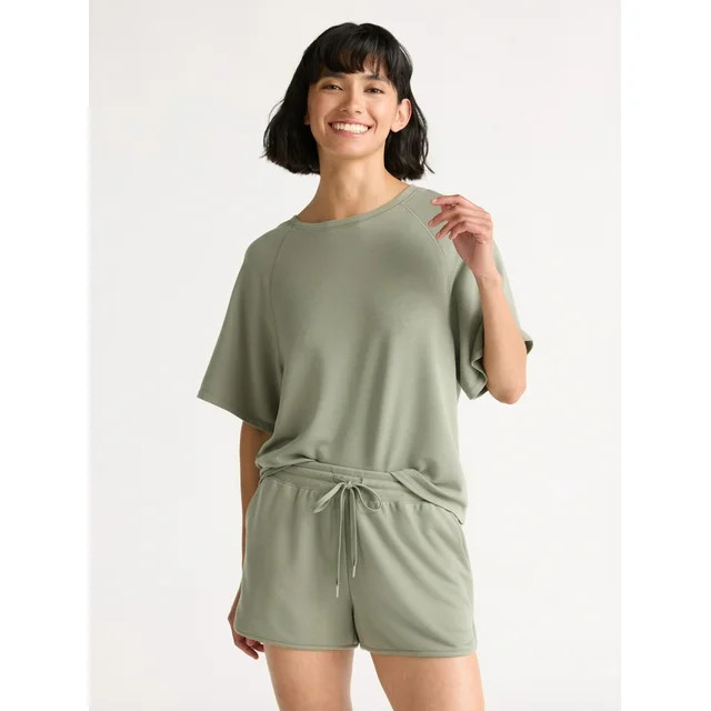 Joyspun Women's French Terry Short Sleeve Top and Shorts Pajama Set, 2-Piece, Sizes XS-3X | Walmart (US)