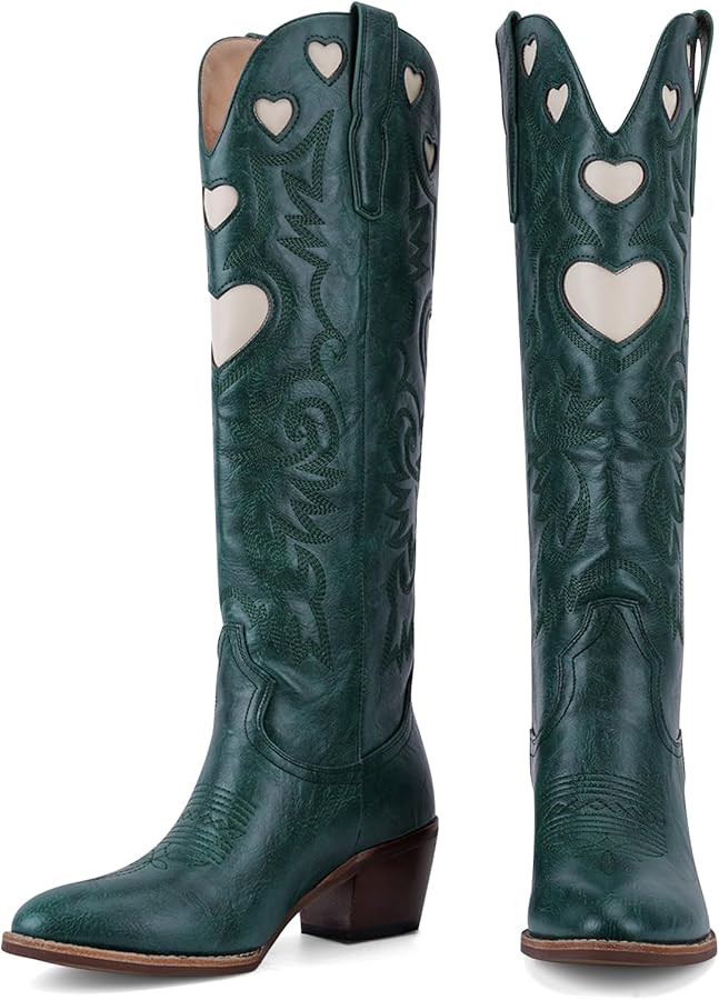 Cowboy Boots for Women Wide Calf Round Toe Chunky Stacked Heel Knee High Cowgirl Boot Heart Patte... | Amazon (US)
