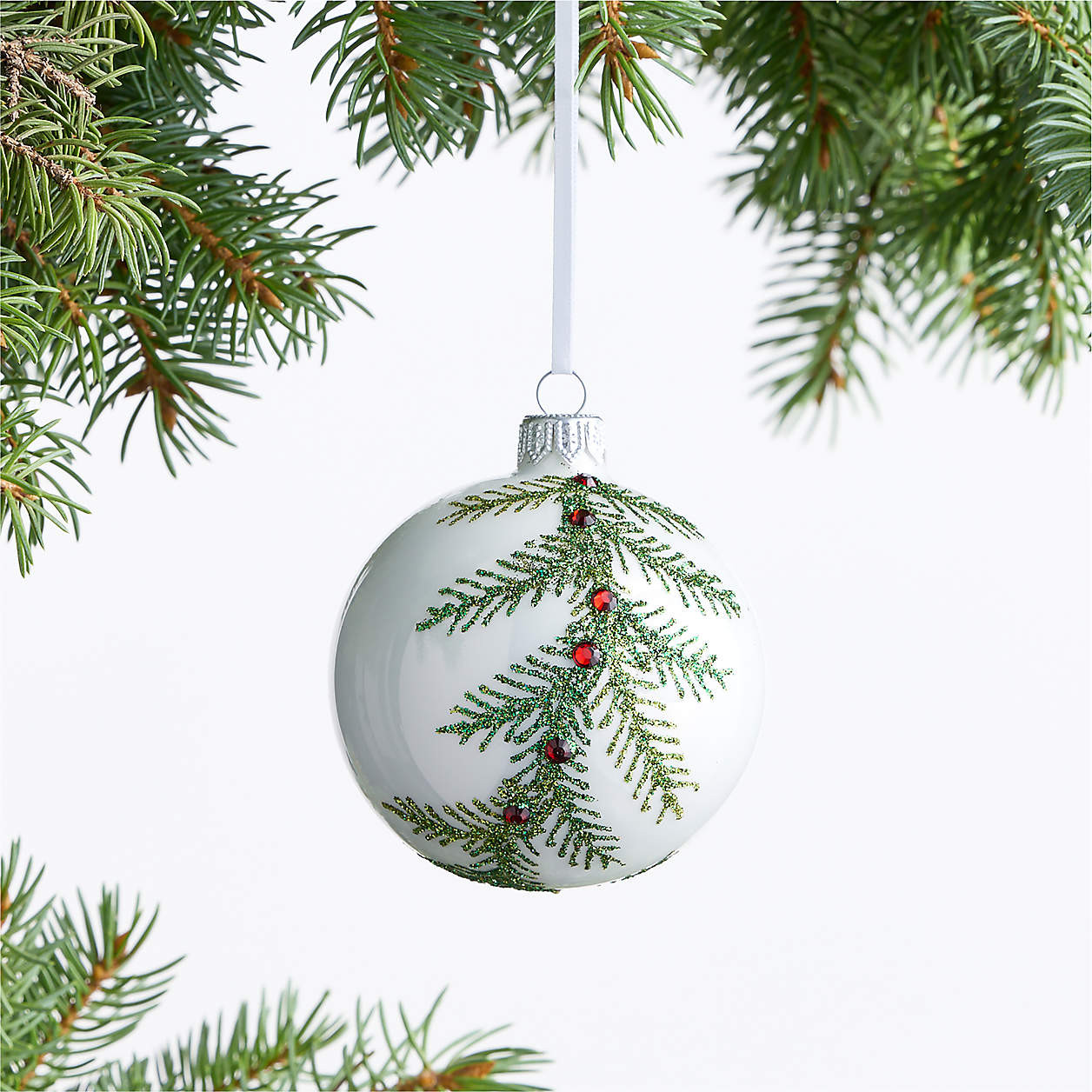 Handmade Glitter Pine Ball Christmas Tree Ornament with Red Crystals + Reviews | Crate & Barrel | Crate & Barrel