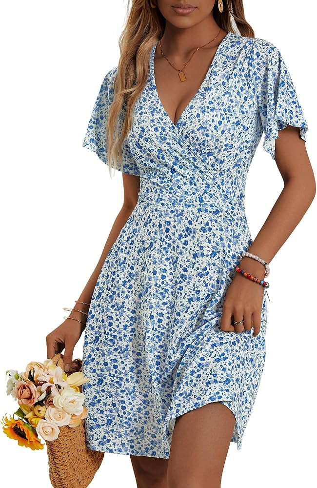 FENSACE Womens Sundress Summer Floral Short Sleeve Wrap V Neck A-Line Midi Dress | Amazon (US)