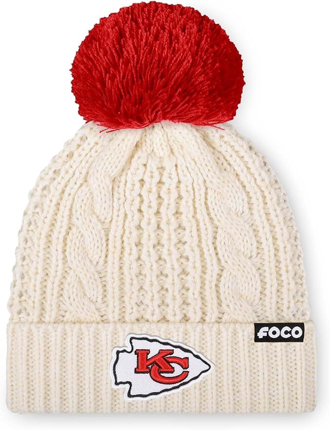 FOCO NFL Womens NFL Team Logo Cable Knit Pom Beanie Hat | Amazon (US)
