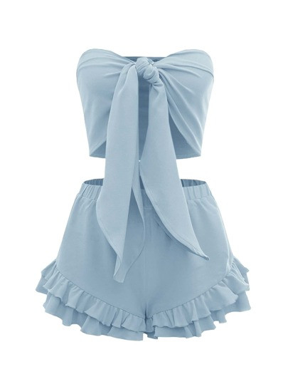 SHEIN VCAY Plus Knot Front Tube Top & Ruffle Hem Shorts | SHEIN