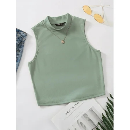 Mint Green Women s Mock Neck Rib knit Tank Top Casual XL(12) A043W | Walmart (US)