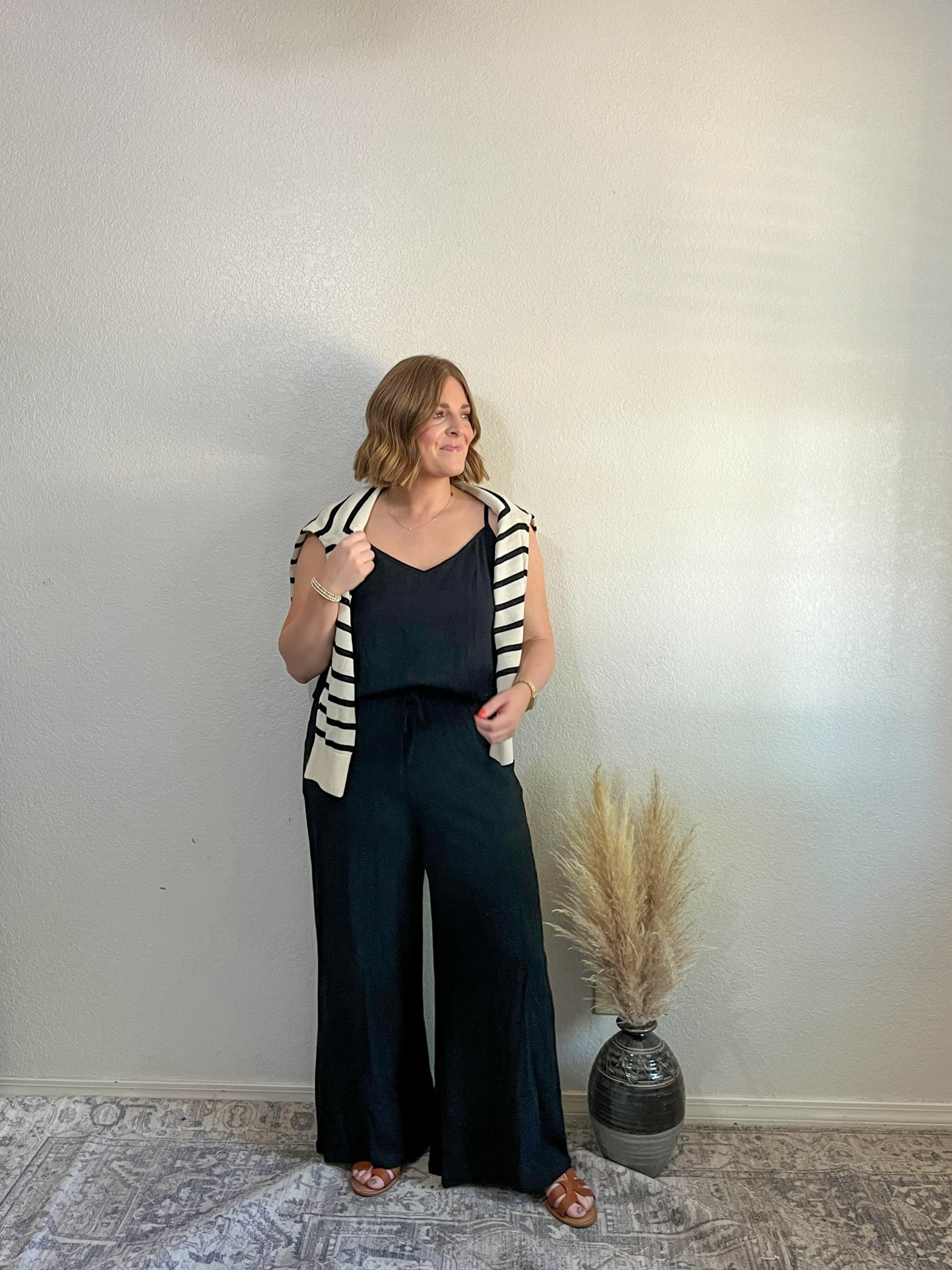 Summer Style// linen set styled with a striped sweater over shoulders 

Wearing L 

#LTKStyleTip #LTKMidsize #LTKFindsUnder50