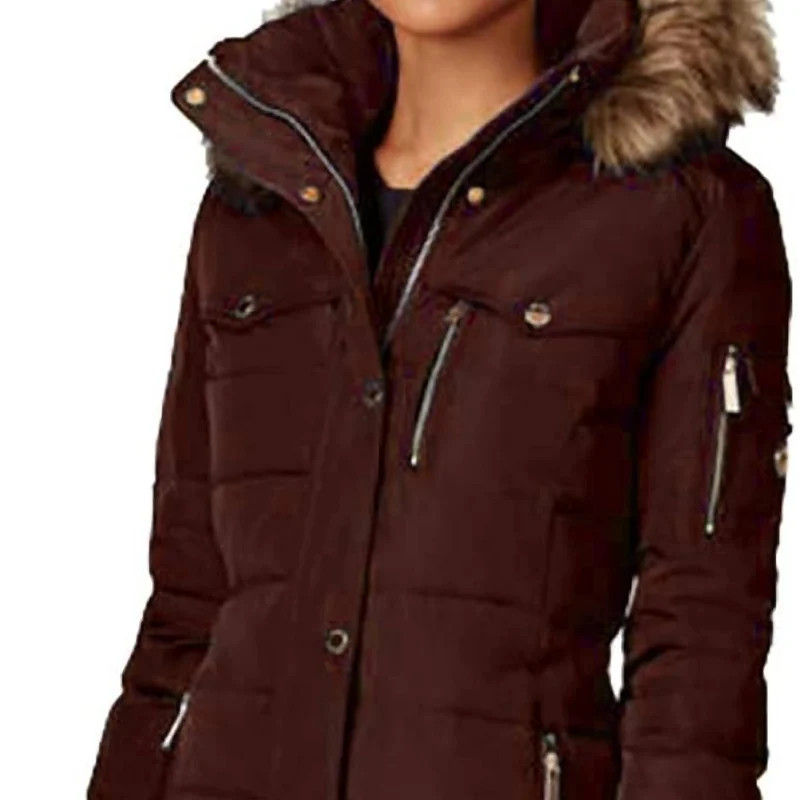 Michael Kors 3/4 Down Puffer Faux Fur Hooded Coat In Chocolate Brown - Brown - XS | Verishop