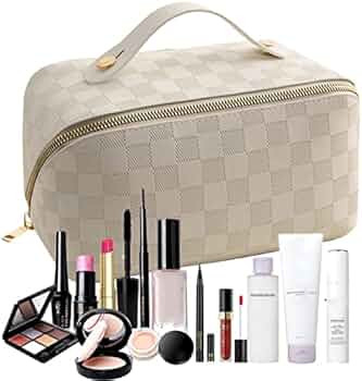 Brown Large Capacity Travel Cosmetic Bag Plaid Checkered Makeup Bag PU Leather Waterproof Skincar... | Amazon (US)