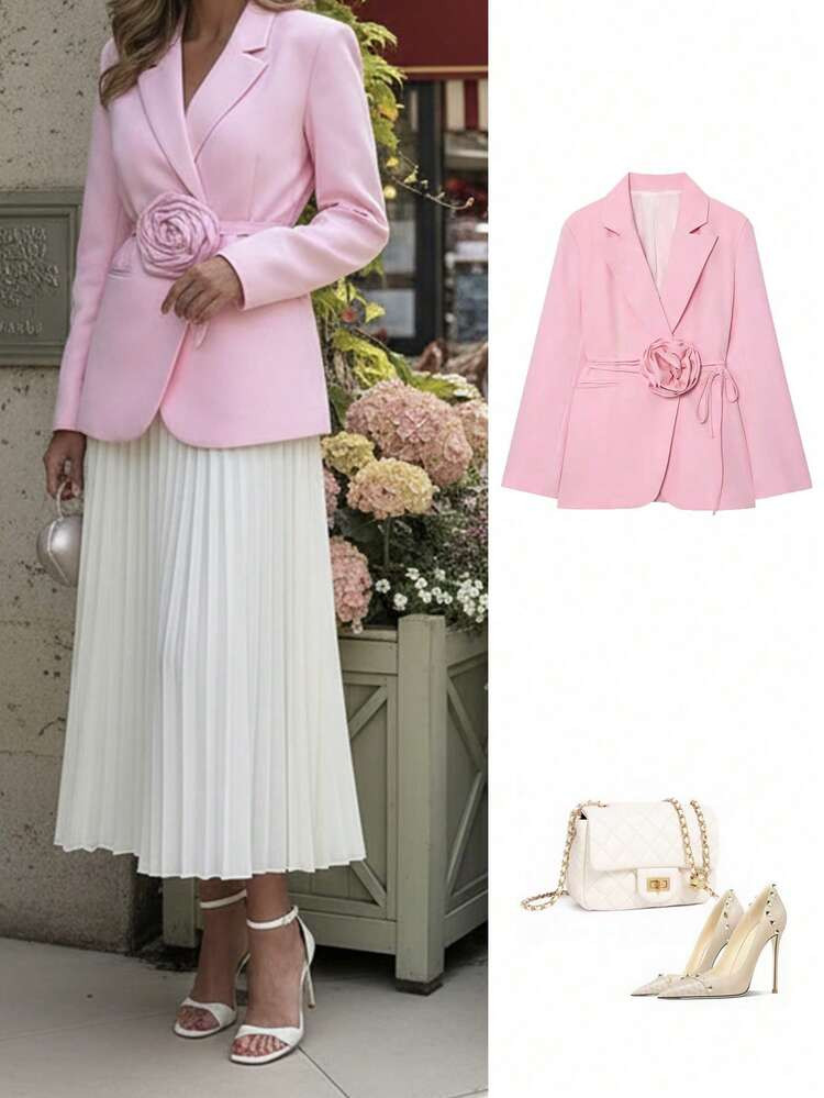 Chaqueta De Blazer Con Estampado Floral Y Lazo, Versátil Para Primavera En Color Rosa, De Moda Y Casual Para Mujer En Otoño | SHEIN