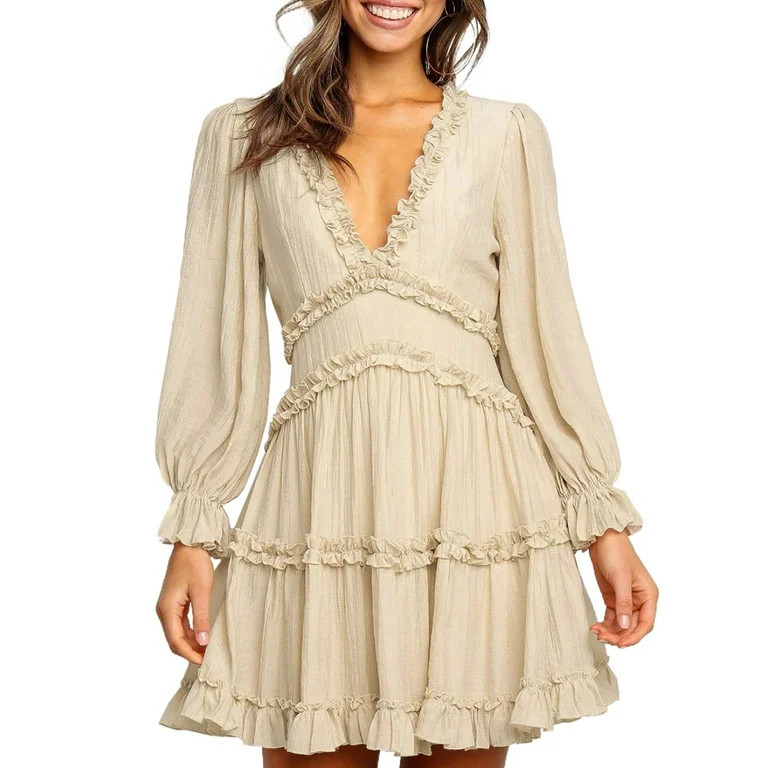 Dokotoo Womens Beige Deep V Neck Ruffle Dress High Waist Tunic Casual Mini Dress Size Medium US 8... | Walmart (US)