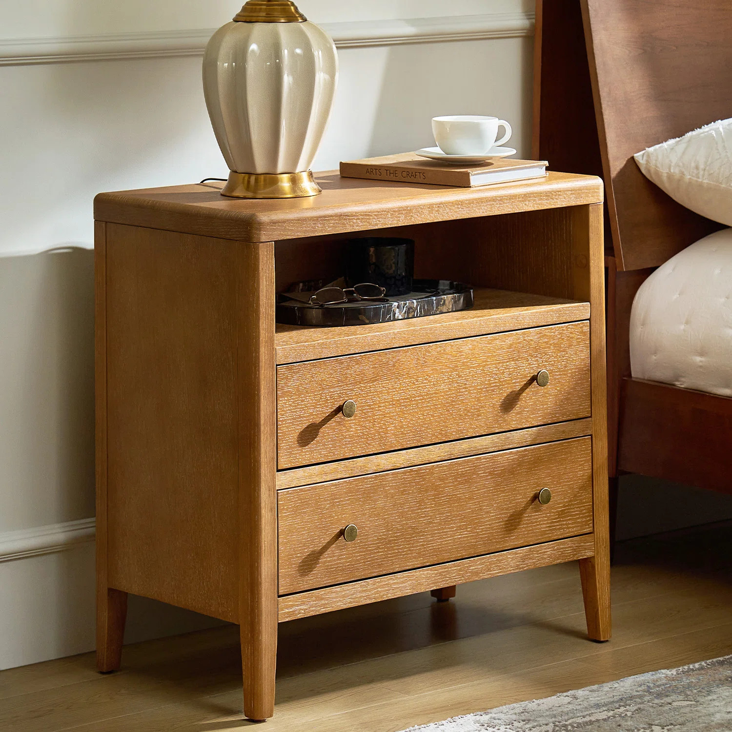 Ebern Designs Shera Modern 2-Drawer 28''W Solid Wood Nightstand with Built-in Power Outlet and US... | Wayfair North America