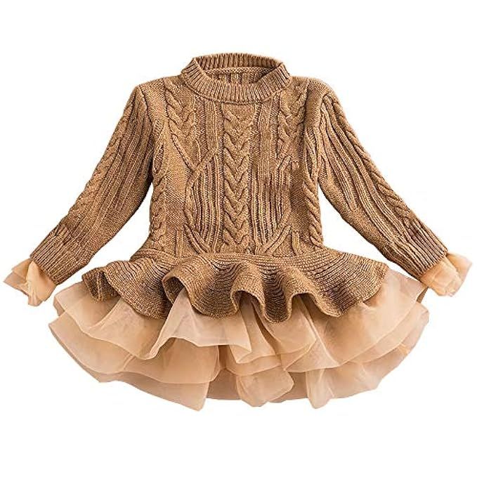 Caitefaso Girls Dresses Sweater Fall Clothes Tutu Tulle Long Sleeve Ruffle Chunky Cable Rib Jumpers  | Amazon (US)