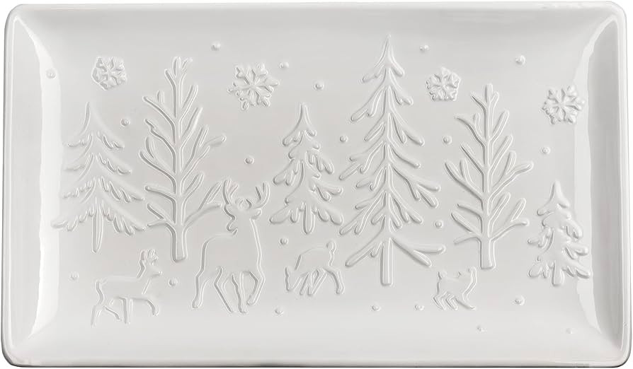 AuldHome Design Reindeer Christmas Tree Platter; Ceramic Embossed White Serving Tray | Amazon (US)