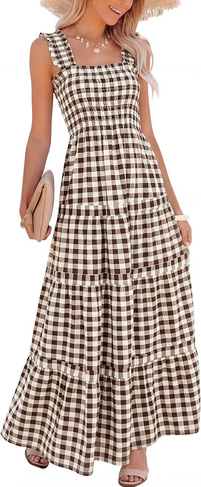 Caracilia Womens Summer Maxi Dresses Floral Smocked Sleeveless Ruffle Boho Casual Flowy Aline Bea... | Amazon (US)